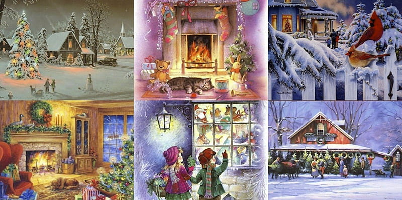 Christmas Collage, christmas tree, window, christmas, children, cat, market, winter, fireplace, stockings, snow, flowers, presents, cardinal, HD wallpaper