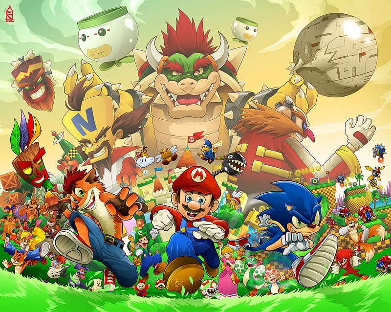 Mario, Crossover, Video Game, Sonic The Hedgehog, Nintendo, Sega, Super Mario Bros, Sony, Bowser, Knuckles The Echidna, Miles 'tails' Prower, Doctor Eggman, Crash Bandicoot (Character), HD wallpaper