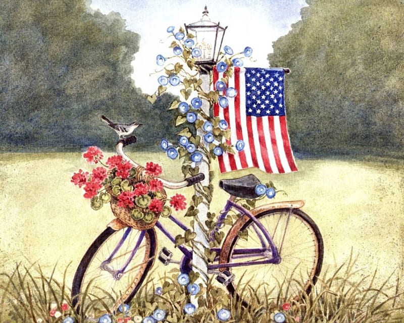 Bike Post, grass, basket, bicycle, flowers, lamppost, flag, field, HD wallpaper