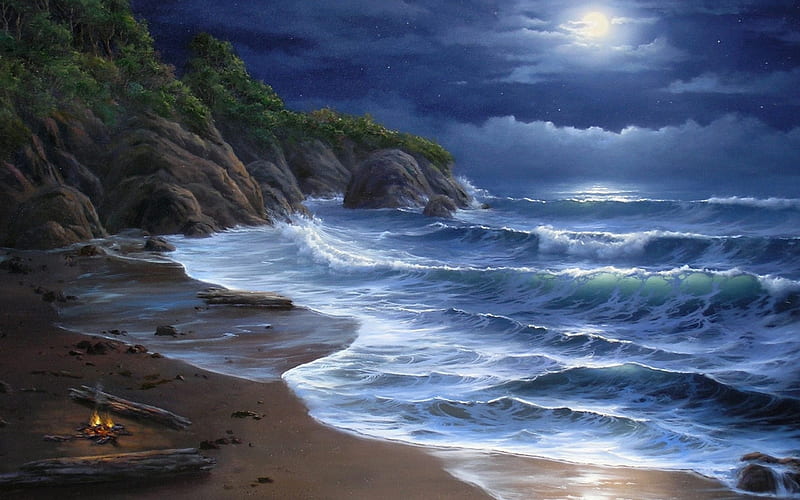 Moon Night, beach, nature, sea, waves, HD wallpaper