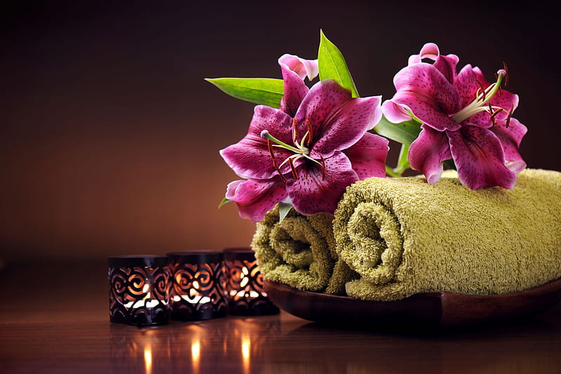 Spa - set, Spa, Flowers, Candles, Towels, HD wallpaper