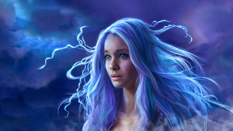 Blue Eyes Blue Hair Fantasy Girl Long Hair Woman, fantasy-girls, artwork, artist, girls, digital-art, HD wallpaper