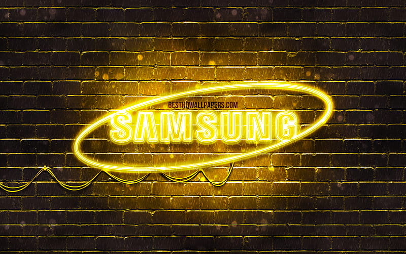 Samsung yellow logo yellow brickwall, Samsung logo, brands, Samsung neon logo, Samsung, HD wallpaper