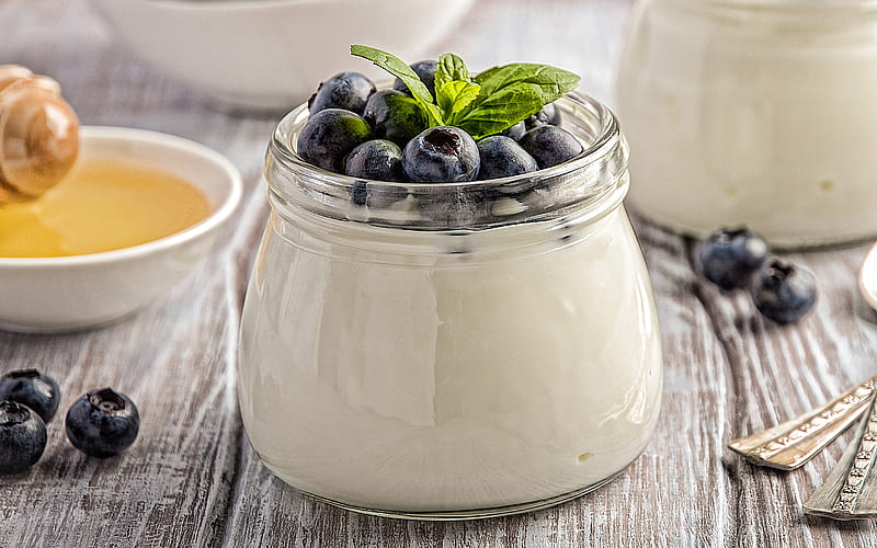 yogurt, dairy products, milk dessert, blueberry yogurt, yogurt with berries, HD wallpaper
