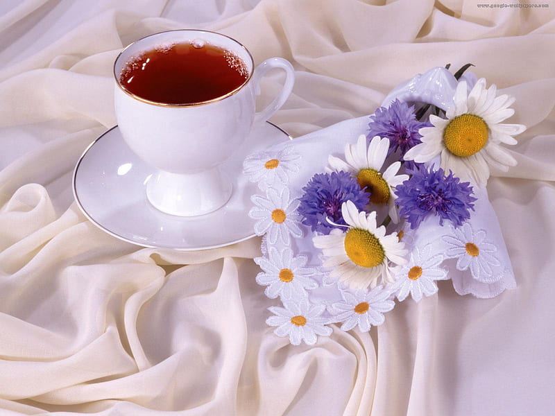 Tea Time, table, shawl, bonito, tea, teacup, bouquet, flowers, white, blue, HD wallpaper