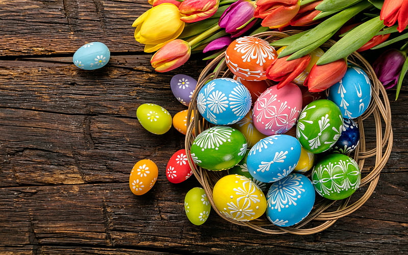 Easter eggs, brown wooden background, basket with eggs, Easter, concepts, spring, painted eggs, HD wallpaper
