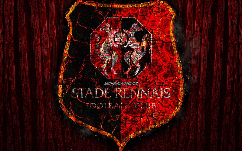 Stade Rennais, scorched logo, Ligue 1, red wooden background, french football club, Rennes FC, grunge, football, soccer, Rennes logo, fire texture, France, HD wallpaper