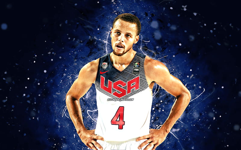 Stephen Curry USA Basketball Mens National Team, blue neon lights, Wardell Stephen Curry II, basketball, US mens national basketball team, creative, Stephen Curry, HD wallpaper