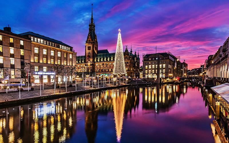 Hamburg, night, Christmas tree, street, river, Germany, Europe, HD wallpaper