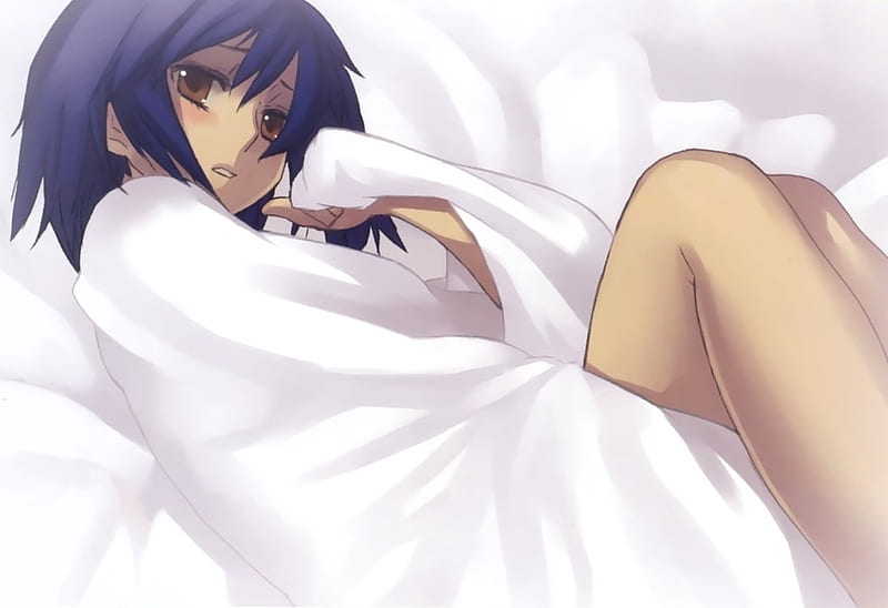 why cant i sleep? (thinking of you), comfort, blush, short, thinking, bed, girl, blue hair, anime, sad, sheets, HD wallpaper