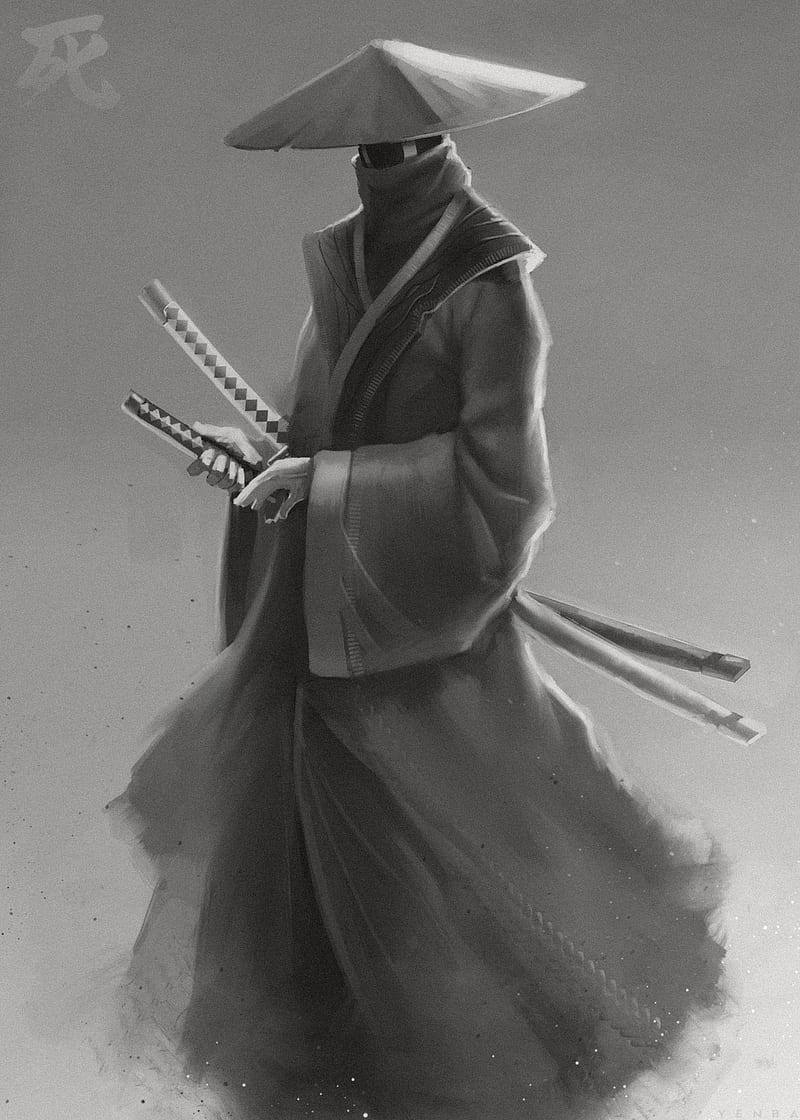 samurai, katanas, warrior, art, black and white, HD phone wallpaper