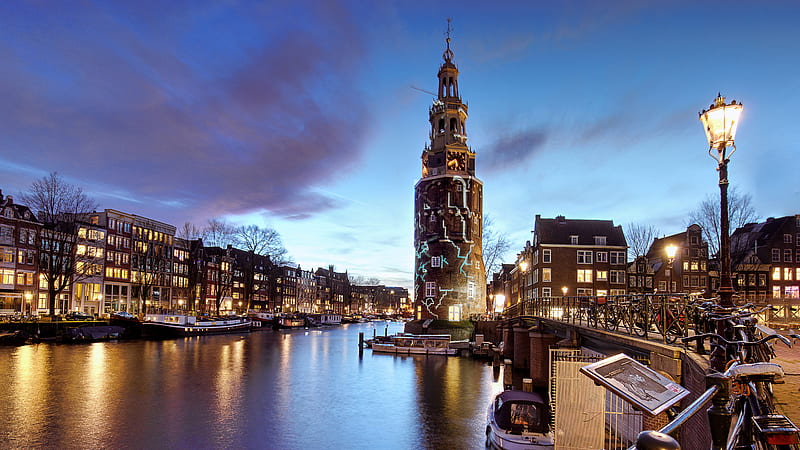 Netherlands Amsterdam City House And Boat On Canal Near Tower Travel, HD wallpaper
