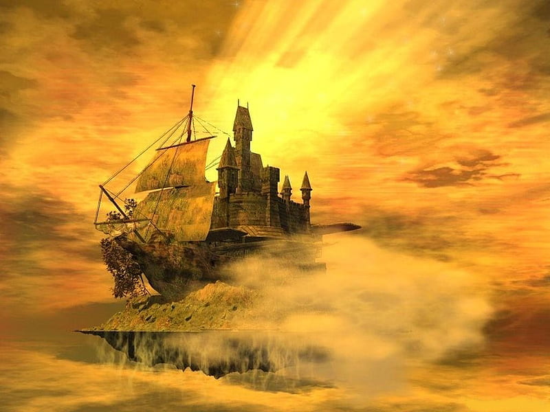 Castle on the ship, fantasy, sun, ship, castle, sky, HD wallpaper Castle on the ship, fantasy, sun, ship, castle, sky, HD wallpaper