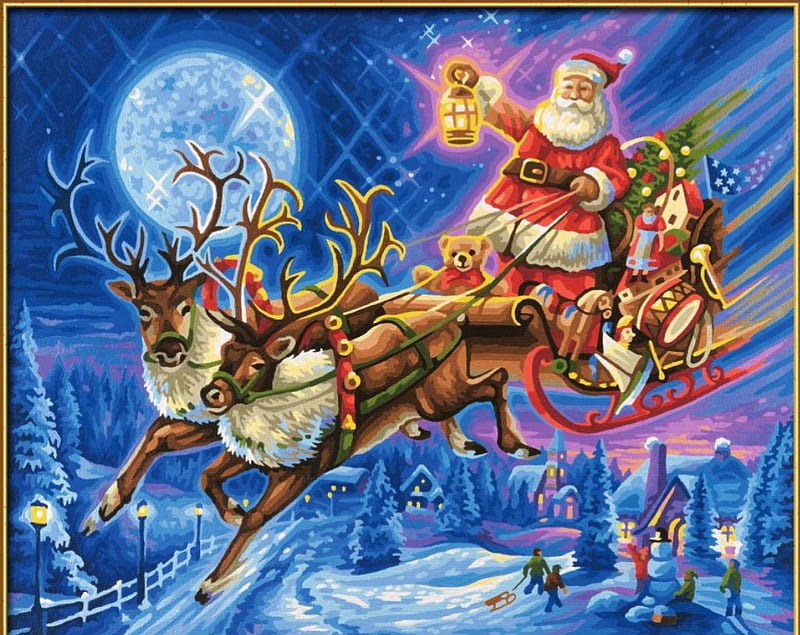 Santa's Work is Done, sleigh, moon, snow, people, houses, reindeer, artwork, HD wallpaper
