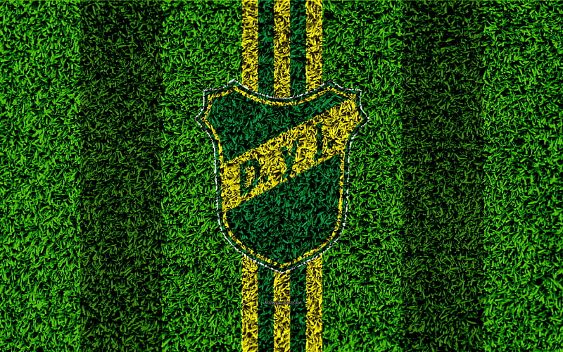 Defensa y Justicia football lawn, logo, Argentinian football club, grass texture, green yellow lines, Superliga, Florencio Varela, Argentina, football, Argentine Primera Division, Superleague, HD wallpaper