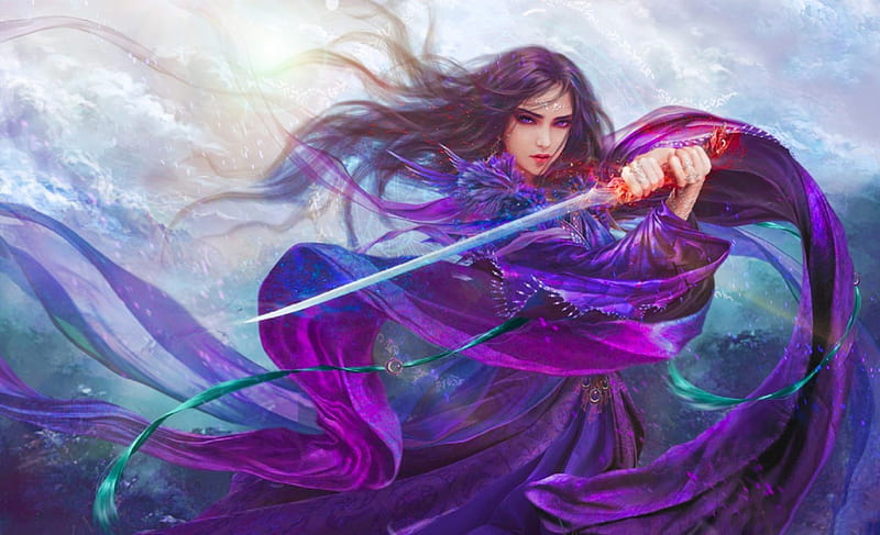 Purple Warrior, art, bonito, woman, fantasy, warrior, girl, samurai, purple, digital, HD wallpaper