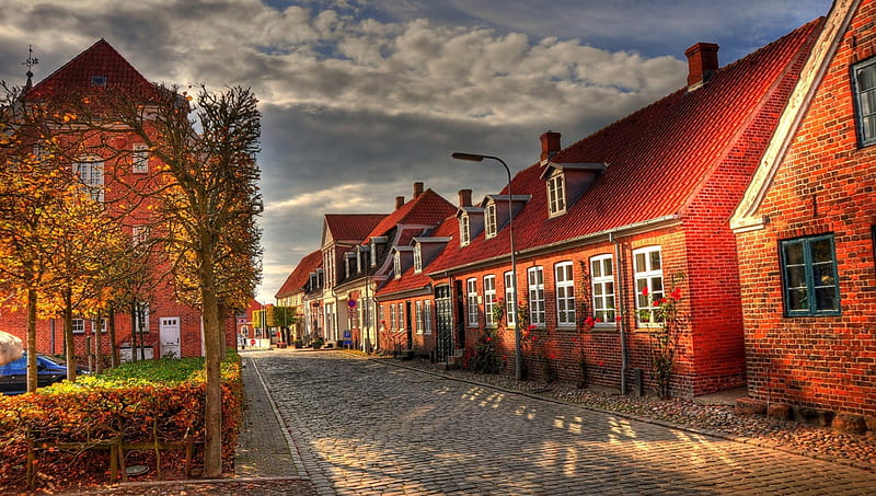 red brick houses on a cobblestone street r, red, brick, houses, cobblestone, r, street, HD wallpaper