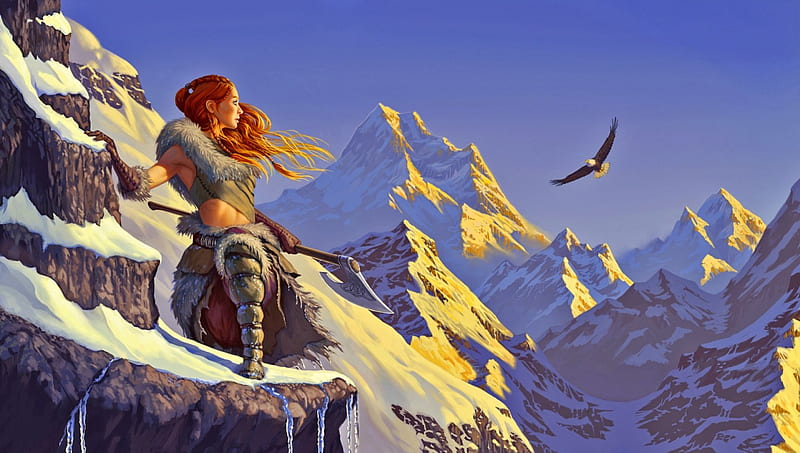High Reaches, fantasy, warrior, snow, redhead, mountains, eagle, women, winter, HD wallpaper