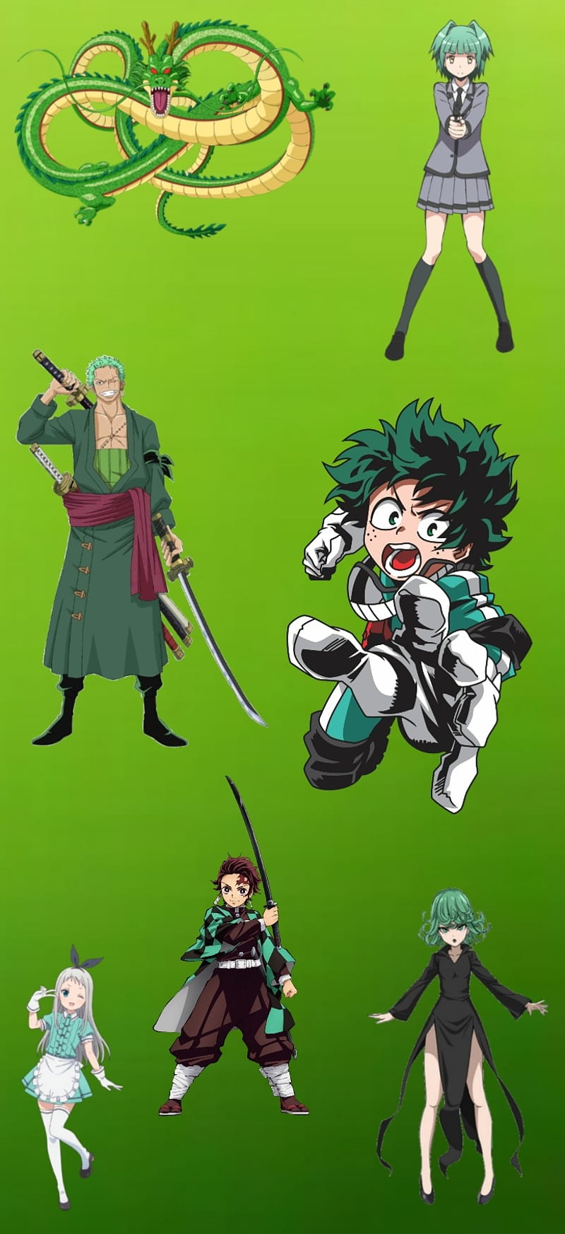 Green anime charact, kaede kayano, midoriya, shenron, tanjiro, zoro, HD phone wallpaper