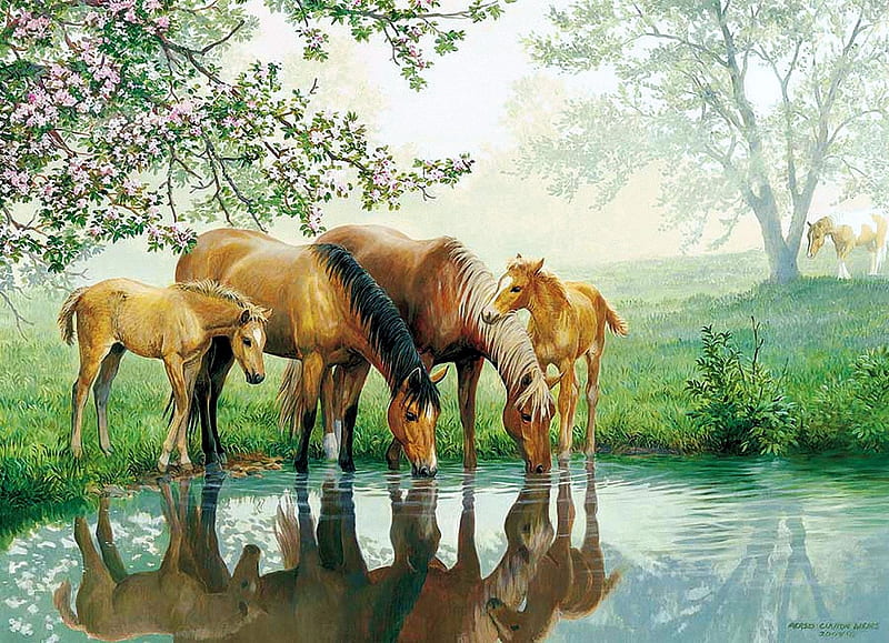 Horse Family, pond, water, painting, foals, morning, trees, mist, horses, reflection, HD wallpaper