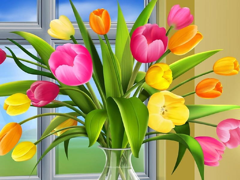 bouquet of tulips, vase window, colorful, window, orange, yellow, bonito, leaves, flowers, nature, tulips, pink, HD wallpaper