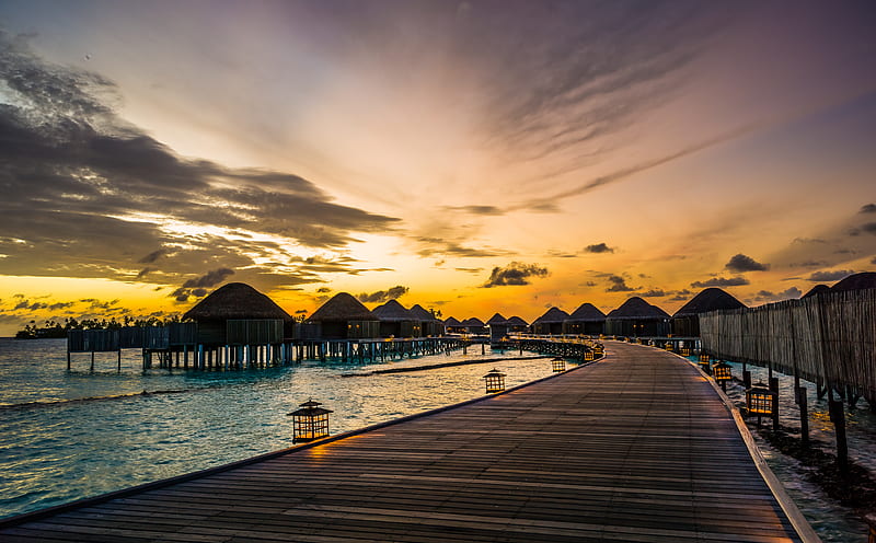 Sky, Dawn, Pier, Sunrise, Morning, Tropics, Resort, graphy, Maldives, Hotel, Constance Halaveli Resort, HD wallpaper