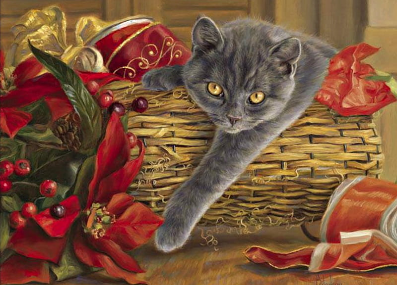 Christmas cat, red, art, craciun, christmas, cat, animal, basket, painting, flower, pictura, lucie bilodeau, HD wallpaper