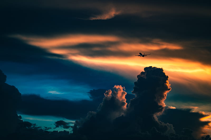silhouette of plane under cloudy skies, HD wallpaper