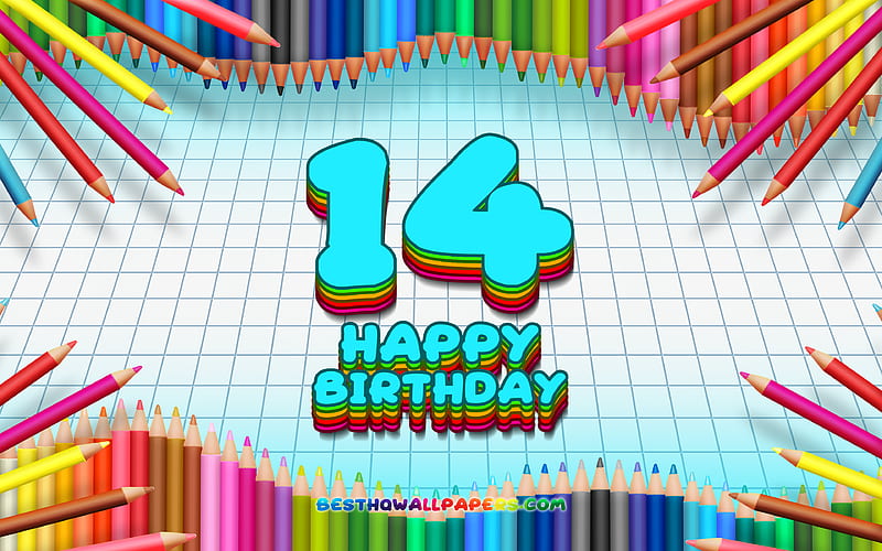 Happy 14th birtay, colorful pencils frame, Birtay Party, blue checkered background, Happy 14 Years Birtay, creative, 14th Birtay, Birtay concept, 14th Birtay Party, HD wallpaper