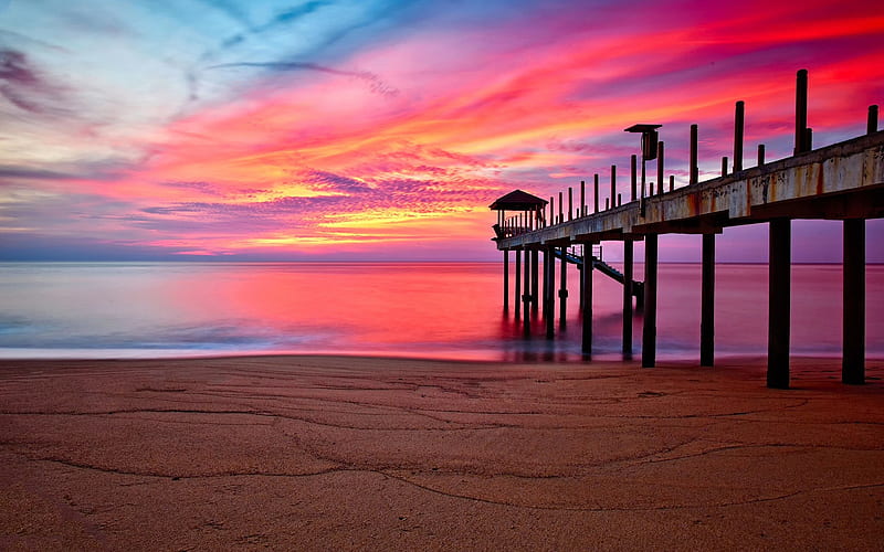 Sunset Over Ocean Pier, ocean, pier, sunset, clouds, sea, sand, bridge, nature, landscape, HD wallpaper