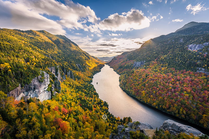 Adirondack Mountains River Clouds Trees , nature, mountains, river, clouds, trees, HD wallpaper