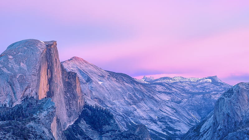 half dome in yosemite at a pink dusk, dusk, cliffs, pink, mountains, HD wallpaper