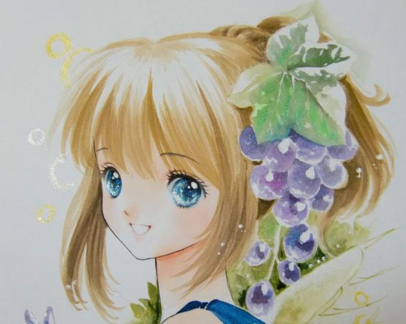 ~❀KAWAII❀~, pretty, adorable, magic, women, sweet, fruit, love, anime, beauty, anime girl, long hair, lovely, food, amour, blonde, cute, grape, maiden, divine, adore, bonito, sublime, woman, hot, blue eyes, gorgeous, female, exquisite, blonde hair, kawaii, girl, precious, magical, lady, angelic, HD wallpaper