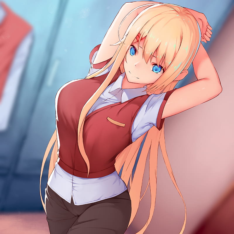 Anime Girls Blond Hair Blue Eyes Big Boobs Looking At Viewer Uniform Arms Up Hd Phone 9698