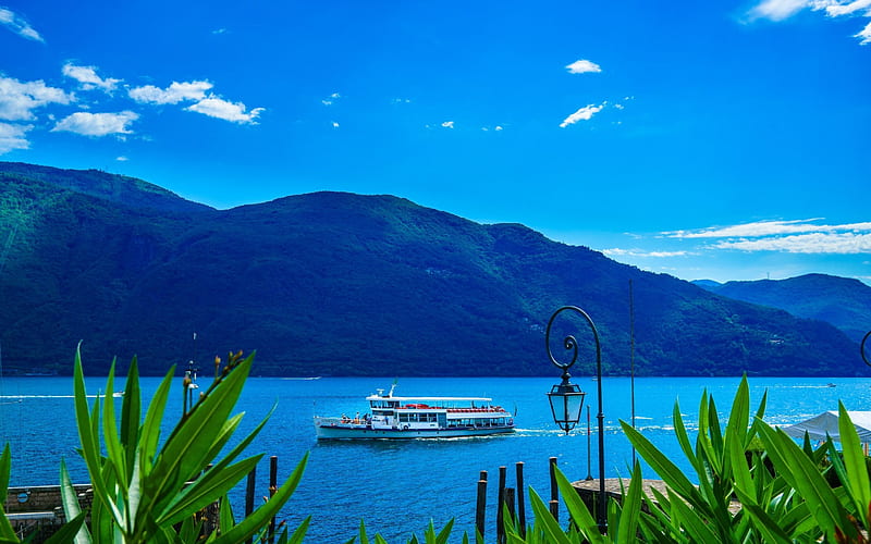 Cannobio, summer, lake, Piedmont, ship, mountains, Italy, HD wallpaper