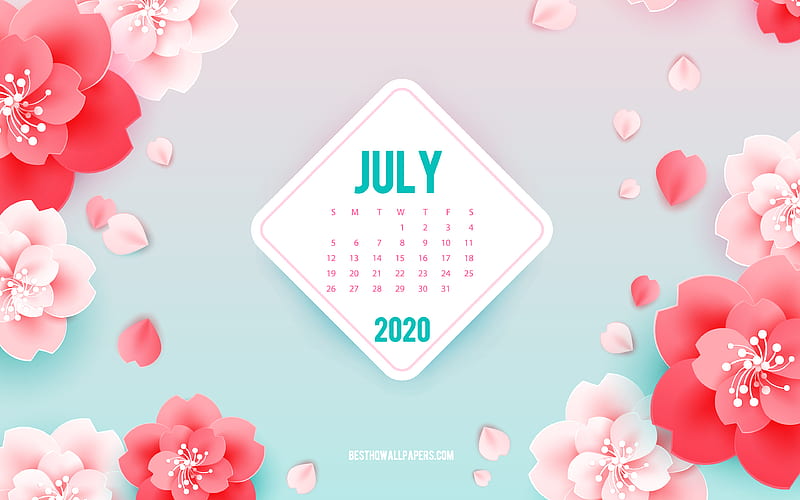 2020 July Calendar, pink flowers, spring art, June, 2020 July calendars, summer background with flowers, July 2020 Calendar, paper flowers, HD wallpaper