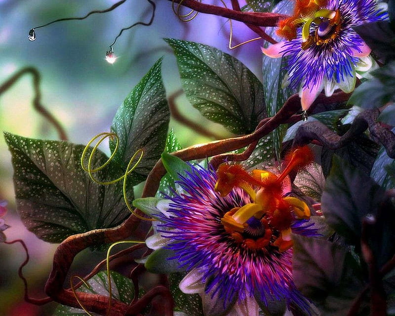 Carnival Flowers, red, brown, 3d and cg, gourgeous, bonito, drops, branch, leaves, nice, fantasy, green, painting, flowers, beauty, posy, pink, blue, art, amazing, paint, colors, dew, leaf, carnival, cool, purple, bouquet, plants, awesome, violet, nature, HD wallpaper