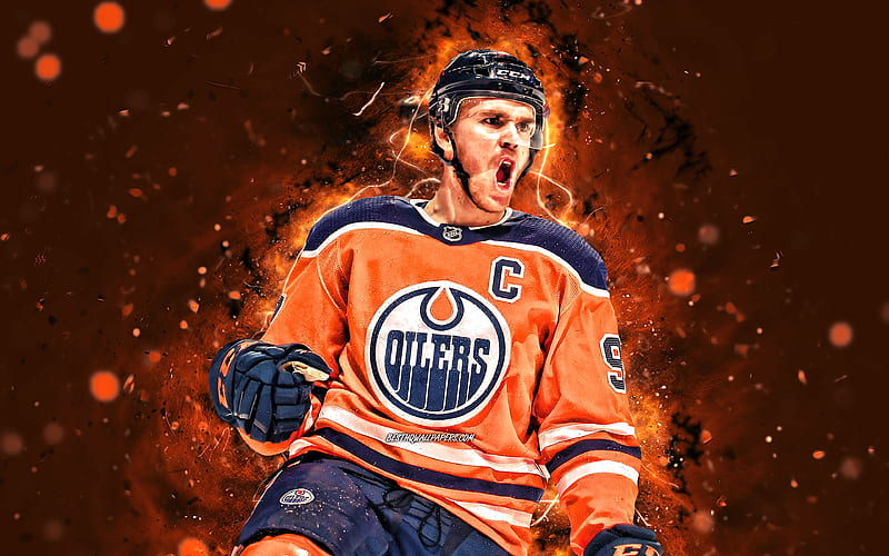 Connor McDavid NHL, Edmonton Oilers, hockey stars, orange neon lights, hockey, hockey players, USA, Connor McDavid Edmonton Oilers, Connor McDavid, HD wallpaper