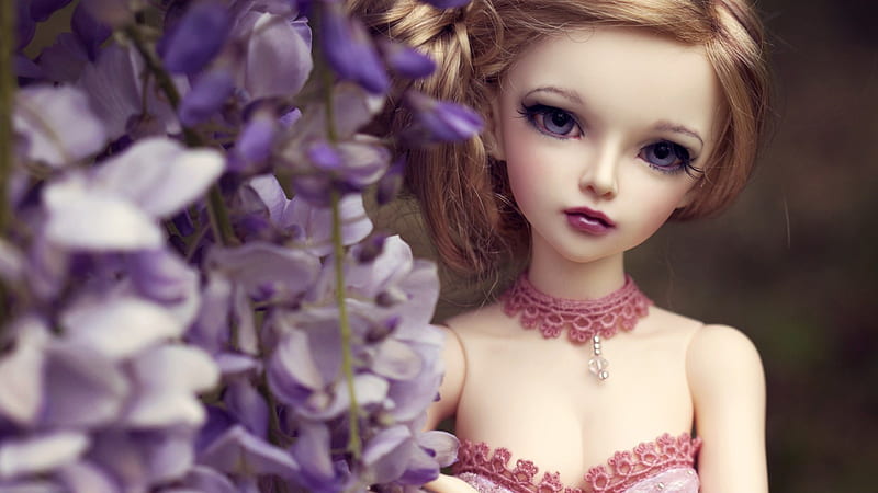 Girl Toy With Purple Eyes Near Flowers Doll, HD wallpaper