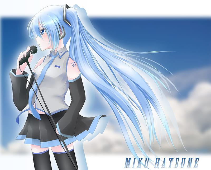 Hatsune Miku, pretty, cg, thigh highs, clouds, oufit, nice, anime, aqua, beauty, anime girl, vocaloids, art, twintail, skirt, black, miku, sky, singer, aqua eyes, cute, headset, hatsune, cool, digital, awesome, white, idol, artistic, gray, headphones, tie, bonito, thighhighs, program, singing, blue, vocaloid, music, diva, microphone, leggings, song, girl, stockings, uniform, virtual, aqua hair, HD wallpaper