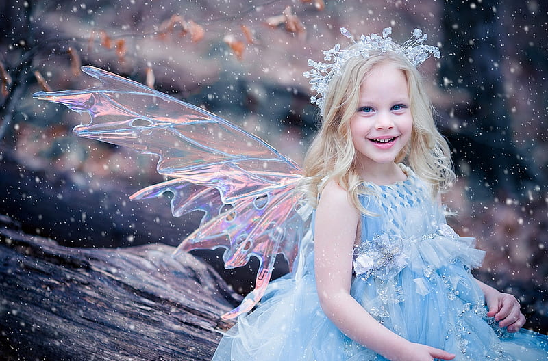 Little fairy, wings, iarna, winter, sweet, cute, girl, copil, child, white, fairy, blue, HD wallpaper