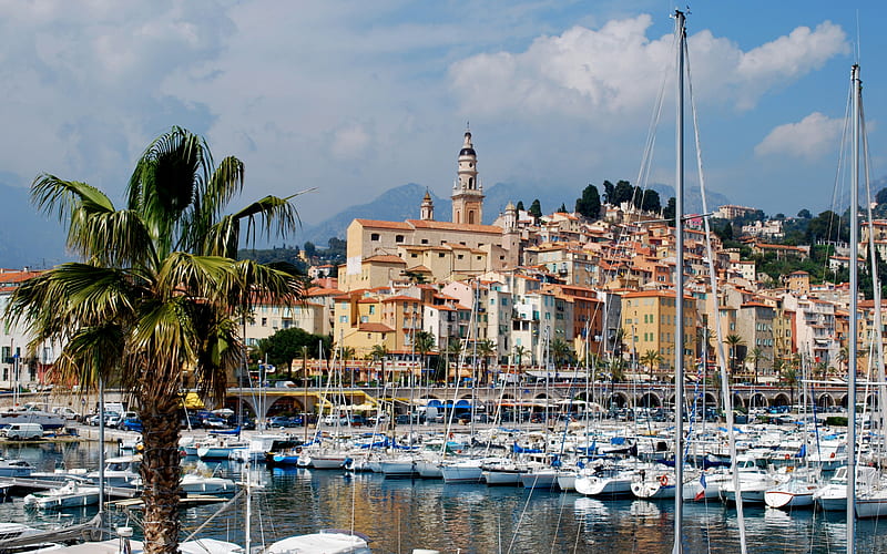 Menton, yacht parking, resort town, port, summer, yachts, sailboats, Cote dAzur, Mediterranean Sea, France, HD wallpaper