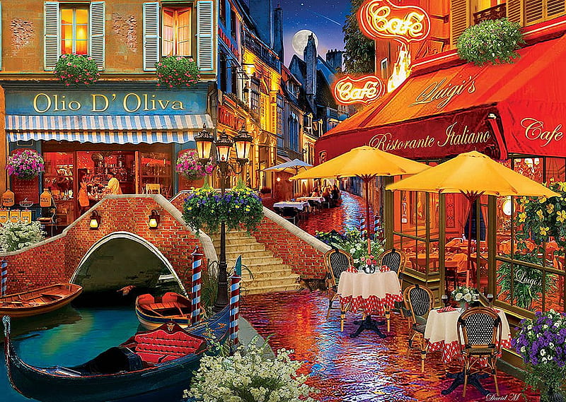 It's Amore, boat, canal, restaurant, houses, painting, venice, artwork, italy, flowers, HD wallpaper