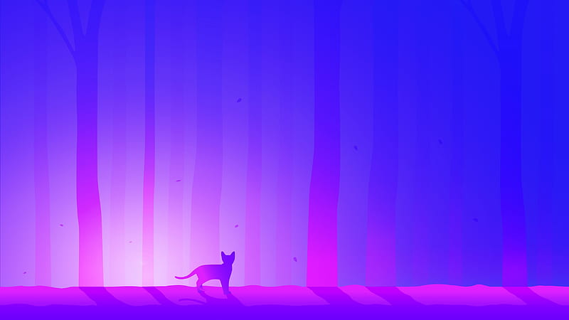 Lost, luminos, vector01, pink, kitten, cat, blue, forest, shadow, silhouette, tree, pisici, HD wallpaper