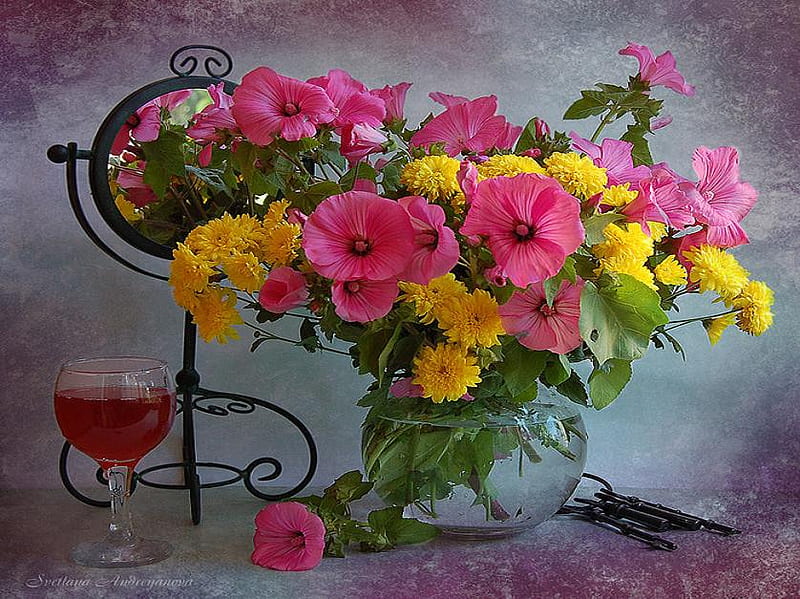 Enchanting, keys, wine, vase, still life, glass, water, flowers, petals, mirror, colours, wineglass, HD wallpaper