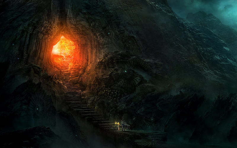 into the cave, amazing, fantasy, dark, cave, landscape, HD wallpaper