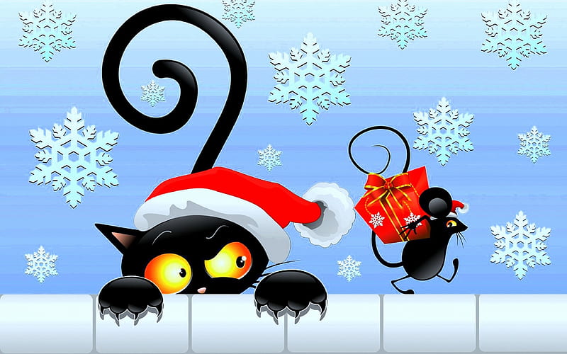 ★Black Cat & Mouse★, pretty, holidays, bonito, xmas and new year, vector arts, lovely, New Year, tail, colors, love four seasons, abstract, winter, snow, black cat, mouse, snowflakes, eyes, cats, gifts, HD wallpaper