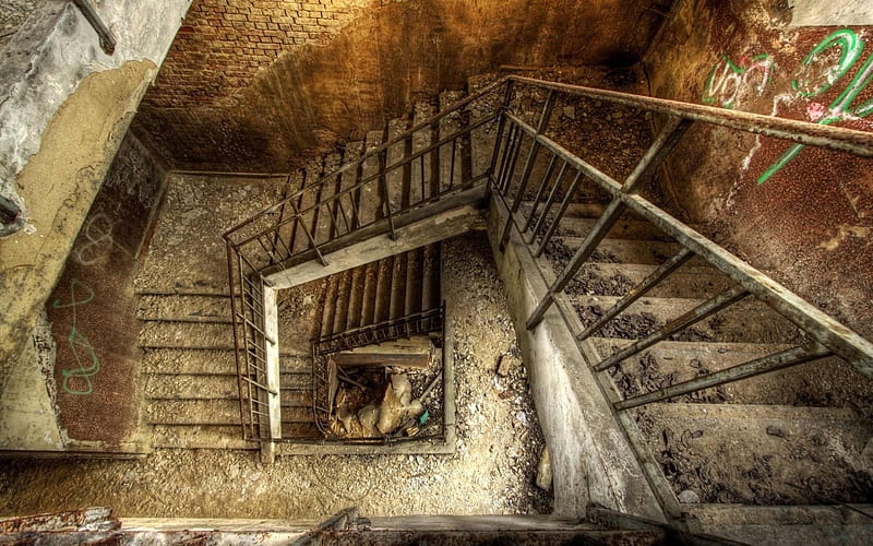 abandoned stairwell r, abanoned, well, dirt, stairs, r, graffiti, HD wallpaper