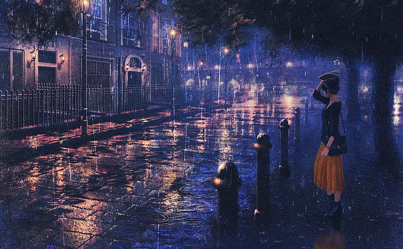 Rainy night, orange, manga, natsu3390, lights, girl, anime, rain, realistic, street, blue, night, HD wallpaper