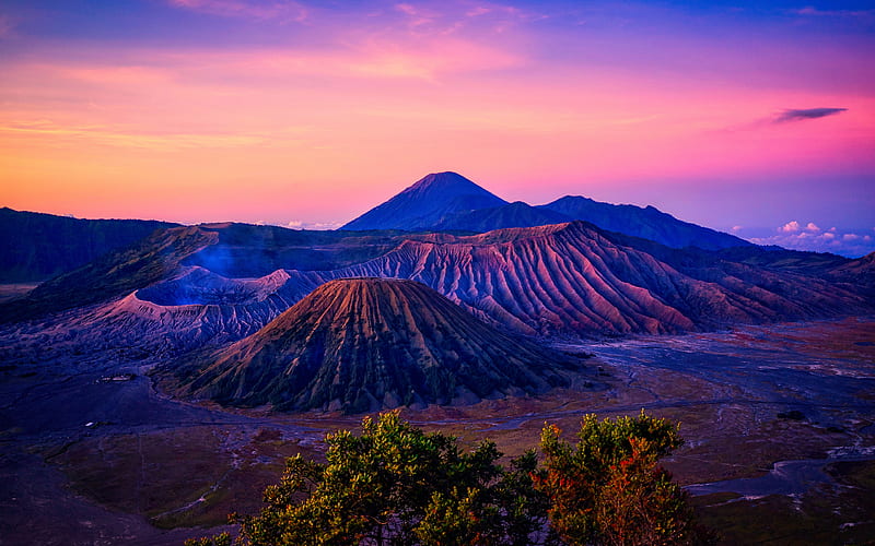 Mount Bromo, sunset, volcano, mountains, Indonesia, Asia, HD wallpaper